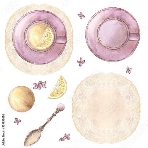 Composition with a cup of tea on a lace napkin, a slice of lemon, a teaspoon with amethyst. Tea set, clipart on a white background. Watercolor illustration in vintage style. Romance, scrapbook