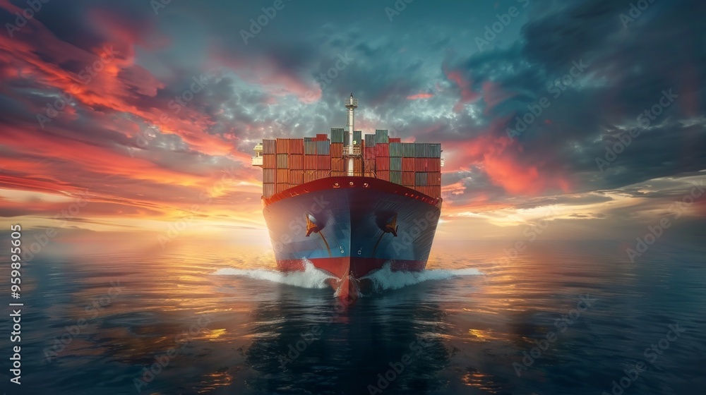 A red and blue container ship, loaded with cargo containers, sails across a calm ocean at sunset under a dramatic sky with hues of gold, red, and blue. No port infrastructure is visible A red and blue container ship, loaded with cargo containers, sails across a calm ocean at sunset under a dramatic sky with hues of gold, red, and blue. No port infrastructure is visible
