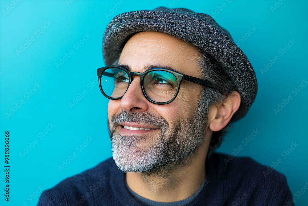 Portrait of stylish and smiling middle age man exuding happiness, confidence, and positive energy in professional studio setup background, showcasing modern fashion and charismatic personality Portrait of stylish and smiling middle age man exuding happiness, confidence, and positive energy in professional studio setup background, showcasing modern fashion and charismatic personality