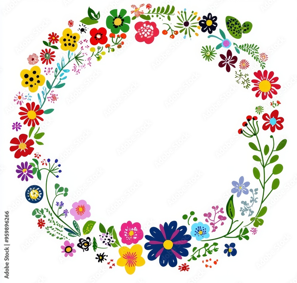 A decorative folk art flower wreath in slavic patterns. Watercolor. A decorative folk art flower wreath in slavic patterns. Watercolor.