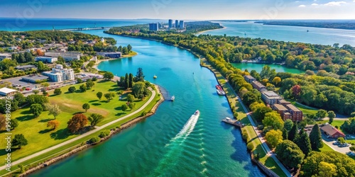 Aerial View Featuring The St. Clair River, A Scenic Blue Waterway Connecting Lake Huron And Lake St. Clair, Surrounded By Lush Greenery And A Bustling City Skyline In The Distance. photo