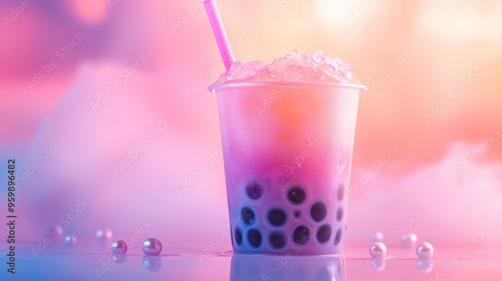Iced Bubble Tea with Pearls and a Pink Straw Iced Bubble Tea with Pearls and a Pink Straw
