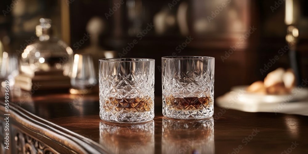 Two crystal glasses filled with amber liquid on a wooden Two crystal glasses filled with amber liquid on a wooden