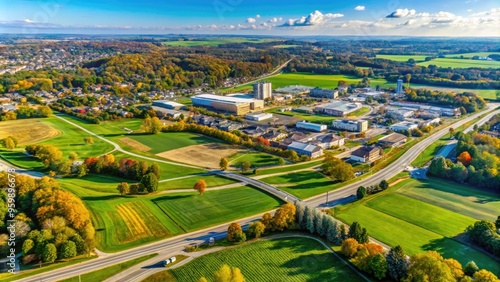 Aerial view of Bowling Green, Ohio, surrounded by rolling hills and farmland, with prominent highway intersections and university campus visible on a sunny day. photo