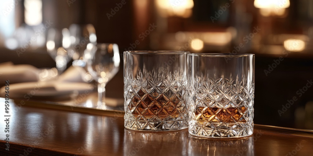Two glasses of whiskey on a wooden table. Two glasses of whiskey on a wooden table.