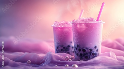 Two Purple Bubble Tea Drinks on Pink Fabric with Pearls