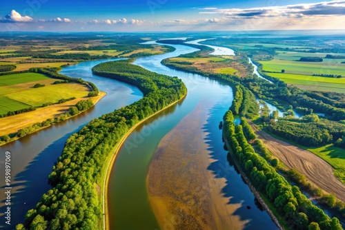 Aerial View Of The Confluence Of Two Mighty Rivers, Their Waters Converging To Form A New, Powerful Waterway.