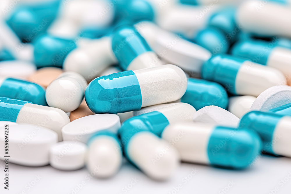 Blue and white capsules and assorted pills in a medical-themed flat lay with a pharmaceutical focus Blue and white capsules and assorted pills in a medical-themed flat lay with a pharmaceutical focus