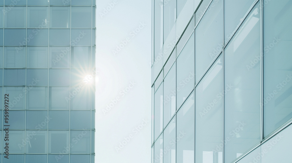 Obraz premium Modern glass facade of a high-rise building with sun glare