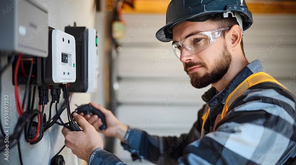 Electrician Installing EV Charger on a Residential Garage Wall: A certified male electrician working on the installation of an EV charger in a modern residential garage, using tools to connect wires. Electrician Installing EV Charger on a Residential Garage Wall: A certified male electrician working on the installation of an EV charger in a modern residential garage, using tools to connect wires.