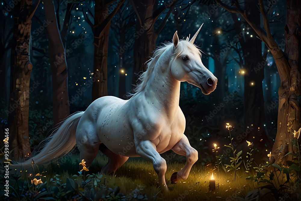 unicorn in the forest at night accompanied by fireflies unicorn in the forest at night accompanied by fireflies