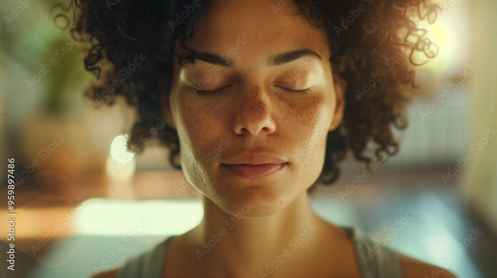 Woman practices yoga with eyes closed in serene pose Woman practices yoga with eyes closed in serene pose