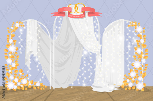 Wedding photo zone with floral arch decorated light garlands, tulle organza canopy, golden engagement rings in red ribbon vector illustration