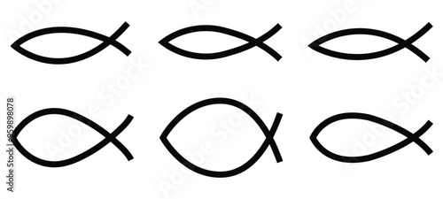 Christian fish set. Ichthys. Religious symbol. Sign of Jesus. Logo of Christianity. Christ and bible. Black emblem of ictus for religion.