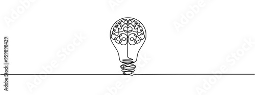 Single continuous line drawing of light bulb with human brain. Creative brain Idea concept with light bulb and brain