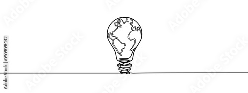 Abstract planet Earth in light bulb continuous one line drawing. Isolated on white background vector illustration. 