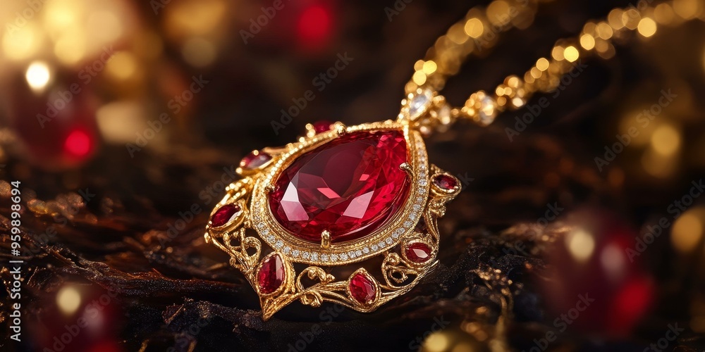 Ornate gold pendant with large red gemstone. Ornate gold pendant with large red gemstone.