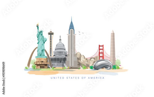 set of USA landmark icons royalty free vectors illustration art for Logo, T shirt, banner, card design. World tourism day