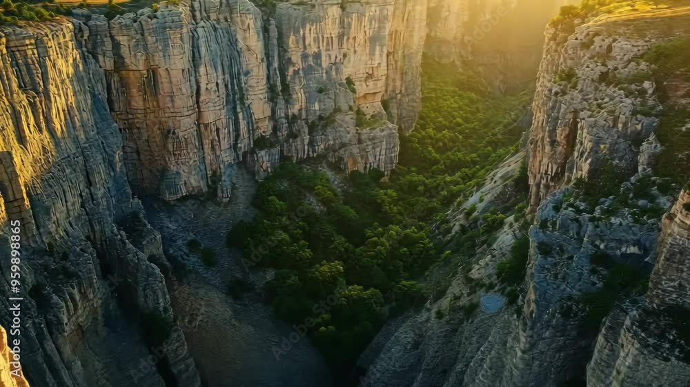 Explore the stunning cliffs and lush valleys of a hidden canyon during sunset in a breathtaking natural landscape Explore the stunning cliffs and lush valleys of a hidden canyon during sunset in a breathtaking natural landscape