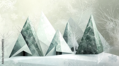 Abstract geometric shapes form unique Christmas trees in a tranquil winter forest surrounded by soft snow and delicate frost. Generative AI