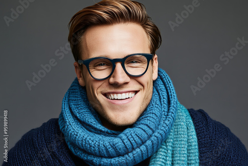 Portrait of stylish and smiling young man exuding happiness, confidence, and positive energy in professional studio setup background, showcasing modern fashion and charismatic personality