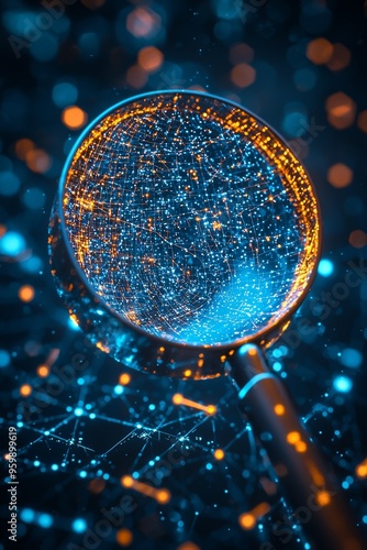 A 3D magnifying glass revealing hidden digital nodes in a network, symbolizing the search engine's capability to uncover obscure data