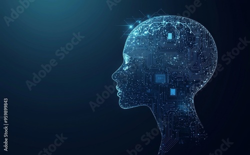 Illustration of computer chip and head forming lines, triangles and particles.