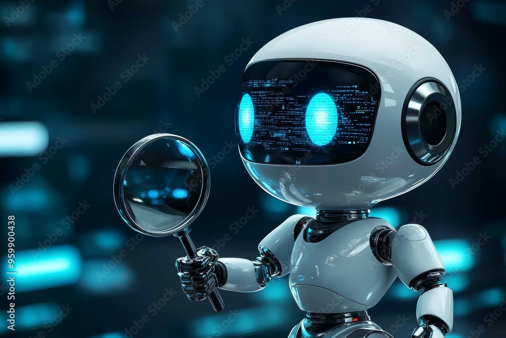 A 3D search engine robot holding a magnifying glass, scanning a digital landscape, symbolizing intelligent search A 3D search engine robot holding a magnifying glass, scanning a digital landscape, symbolizing intelligent search
