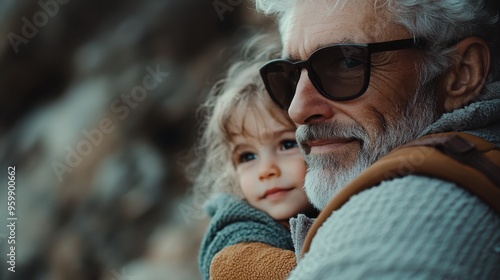 An older man wearing glasses and a winter hat holding and smiling at a small child outdoors, capturing love, protection, and grandfatherly warmth with a scenic background. photo