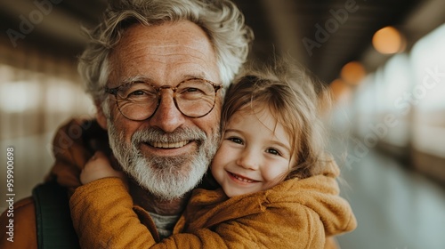 A smiling older man with glasses embraces a joyful young child in a cozy indoor setting, highlighting family joy, togetherness, and warmth, featuring a blurred background.