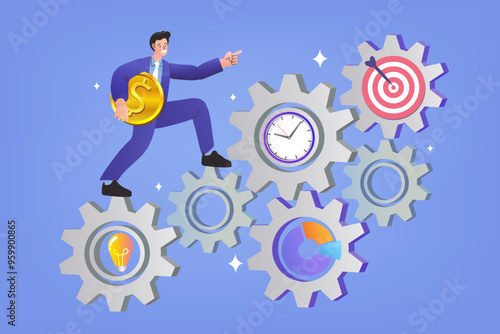A businessman confidently walks up a path of interlocking gears in this vector art, symbolizing a clear career path, business process, and steady professional progression.