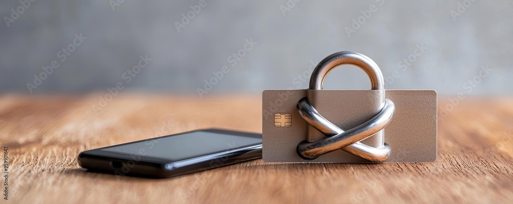 A padlock icon intertwined with a credit card and smartphone, representing secure online payments, data protection, financial technology A padlock icon intertwined with a credit card and smartphone, representing secure online payments, data protection, financial technology