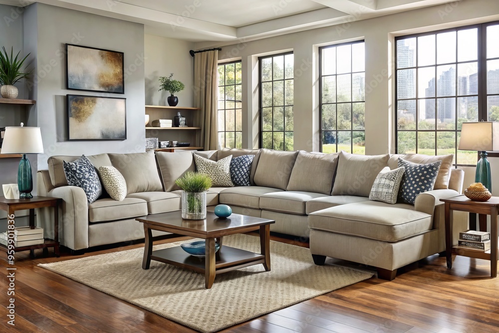 Fototapeta premium Cozy up in this inviting living room, featuring a modern sectional sofa with plush pillows and stylish accents,
