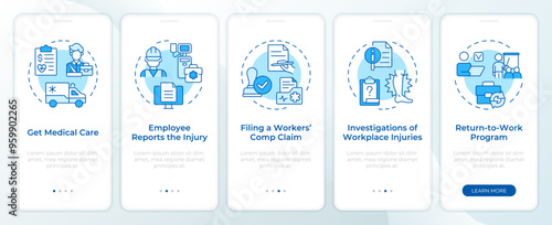 Workmens compensation claim blue onboarding mobile app screen. Walkthrough 5 steps editable graphic instructions with linear concepts. UI, UX, GUI template. Montserrat SemiBold, Regular fonts used