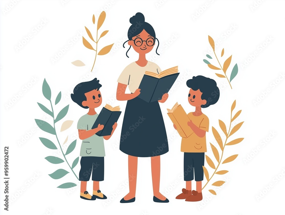 A woman reads a book to two children on a white background with plants. Teacher's Day. Friendship, development, education A woman reads a book to two children on a white background with plants. Teacher's Day. Friendship, development, education