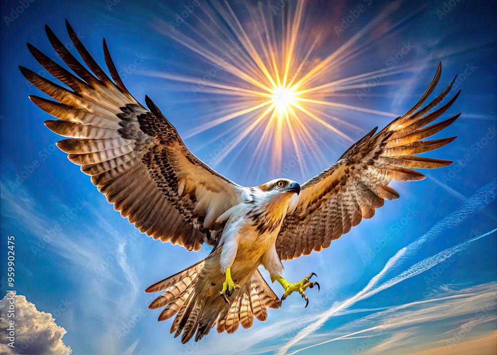 A majestic bird with outstretched wings and feathers ruffled by wind, soaring upwards from a sun-drenched landscape, captured in mid-air against a clear blue sky. A majestic bird with outstretched wings and feathers ruffled by wind, soaring upwards from a sun-drenched landscape, captured in mid-air against a clear blue sky.