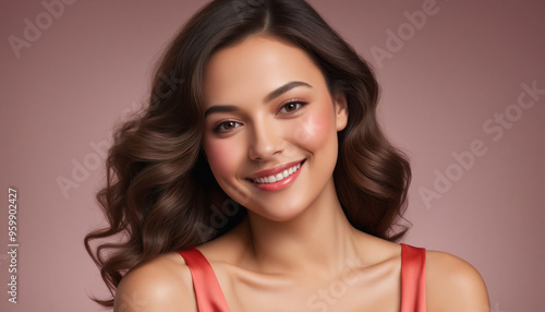 Wallpaper Mural Beautiful Model with Wavy Hair in Red Top Against Pink Background Torontodigital.ca