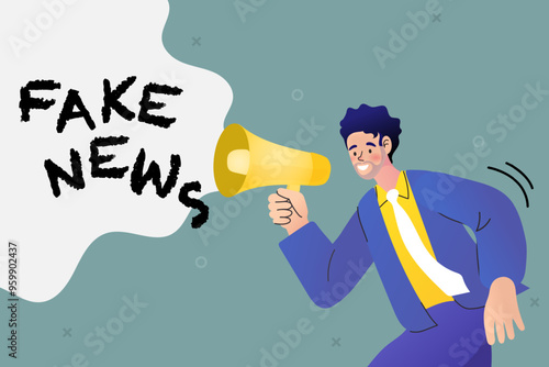 Man holding megaphone telling fake news and propaganda. publicity of false information online information