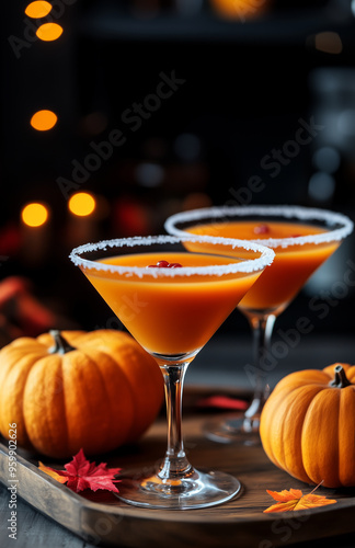 Pumpkin cocktail in martini glasses with a sugar rim, on a wooden tray and kitchen background.