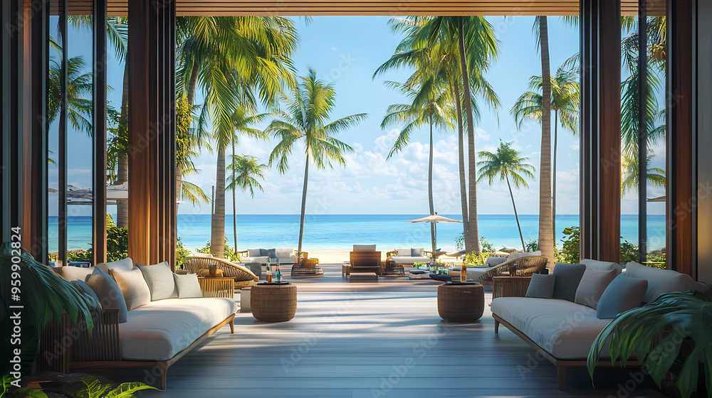 Fototapeta premium Serene hotel room with ocean view and luxurious balcony seating