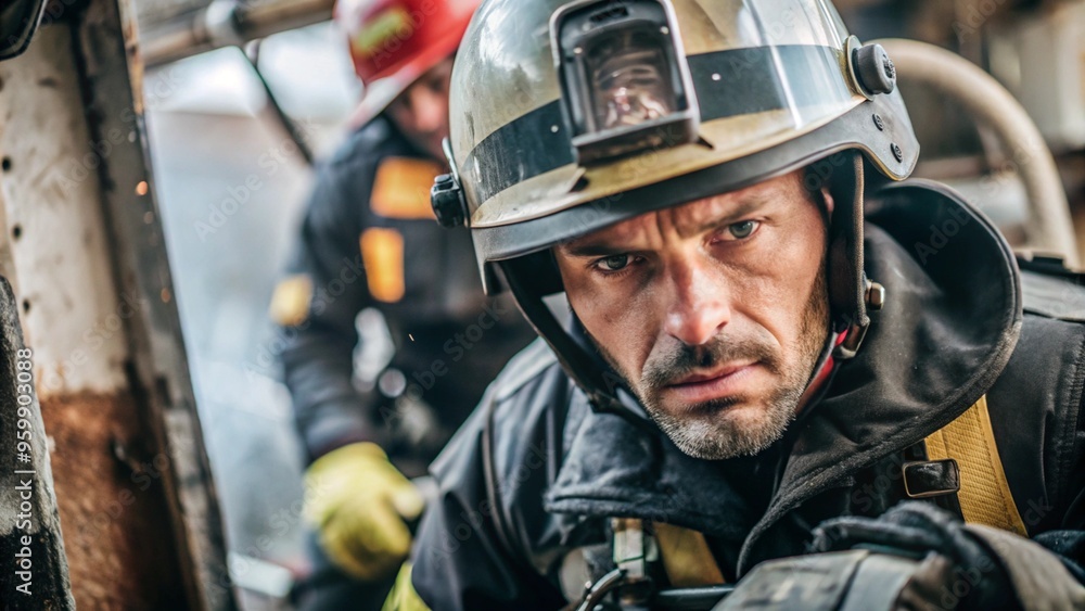 A firefighter wearing a helmet with a serious expression is ready for action. His intense focus reflects the dangerous situation. Space for text. A firefighter wearing a helmet with a serious expression is ready for action. His intense focus reflects the dangerous situation. Space for text.