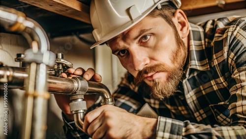 Wallpaper Mural A serious male plumber in a hard hat is working on a plumbing system under a wooden surface. The focused expression highlights his dedication. Space for text.
 Torontodigital.ca