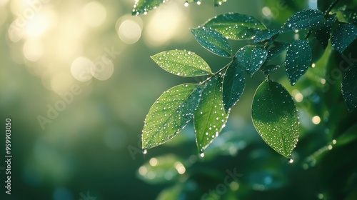 Dewdrops Glistening on Green Leaves in the Morning Light, Nature's Beauty in Close-Up