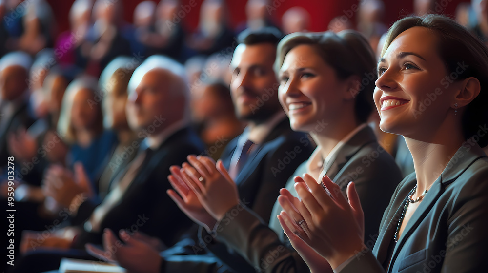 Engaged business audience clapping and smiling at dynamic presentation Engaged business audience clapping and smiling at dynamic presentation