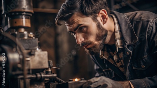 A male worker wearing a hard hat is closely inspecting machinery in a workshop. His intense focus reflects the critical nature of his job, with industrial equipment surrounding him. Space for text.