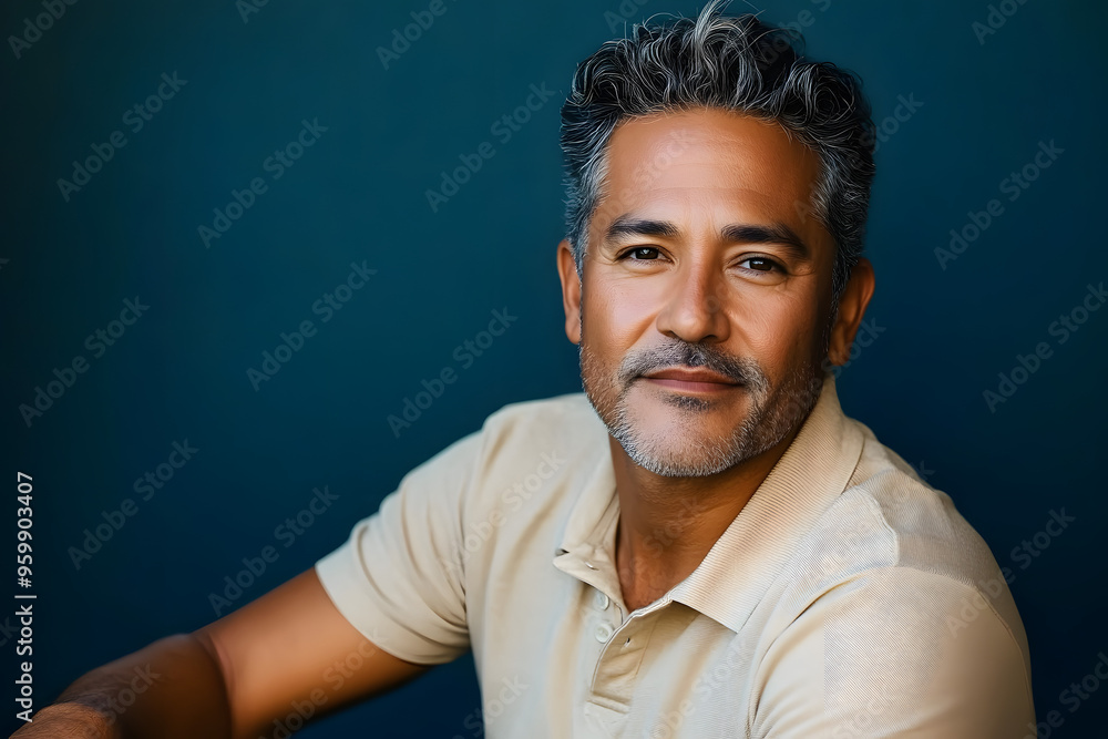 mature Hispanic man with salt and pepper hair, seated and relaxed, wearing a beige polo shirt, dark blue background mature Hispanic man with salt and pepper hair, seated and relaxed, wearing a beige polo shirt, dark blue background
