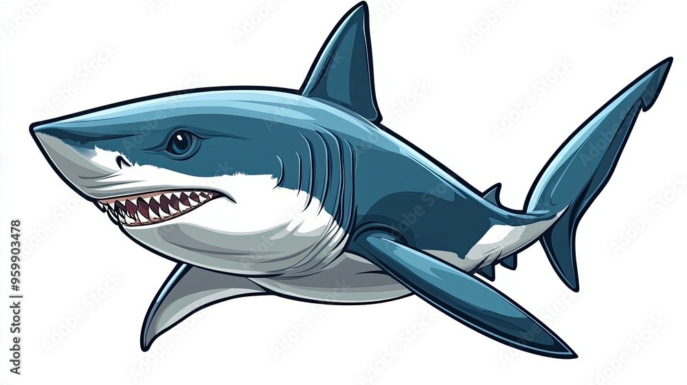 Naklejka premium Cartoonized Fierce and Powerful Shark Sitting Underwater - Image 1167.