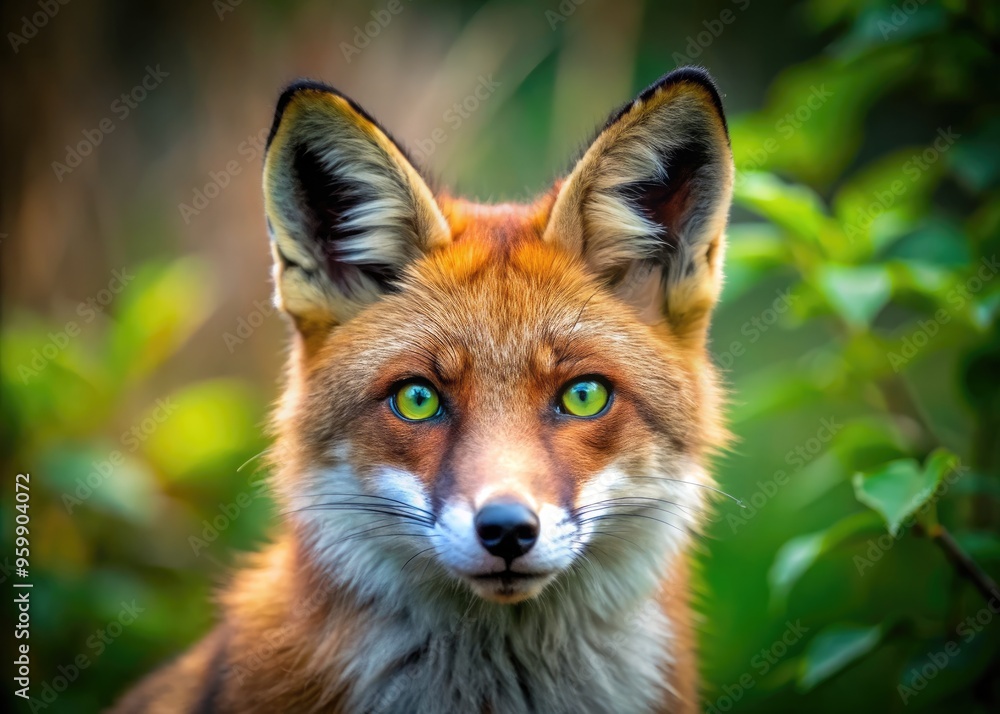 A Masked Fox Surveys Its Surroundings, Its Emerald Eyes Piercing And Alert Against A Blurred Woodland Backdrop A Masked Fox Surveys Its Surroundings, Its Emerald Eyes Piercing And Alert Against A Blurred Woodland Backdrop