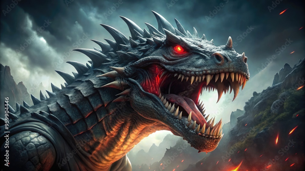 A menacing, scaly creature with razor-sharp teeth and glowing red eyes lets out a ferocious roar, its massive claws flexing in a dark, misty atmosphere. A menacing, scaly creature with razor-sharp teeth and glowing red eyes lets out a ferocious roar, its massive claws flexing in a dark, misty atmosphere.