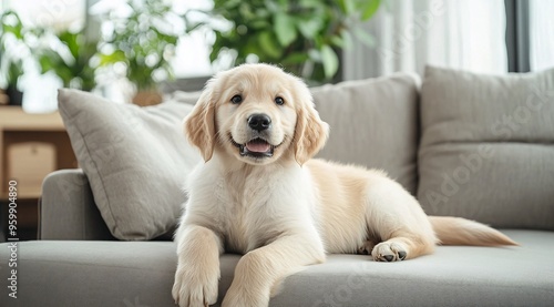 Happy Golden Retriever Puppy Relaxing on a Beige Sofa